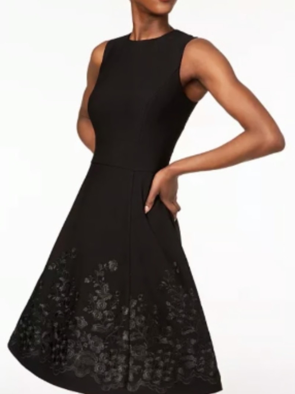 Calvin Klein Black Sleeveless Floral-Panel Fit-and-Flare Dress